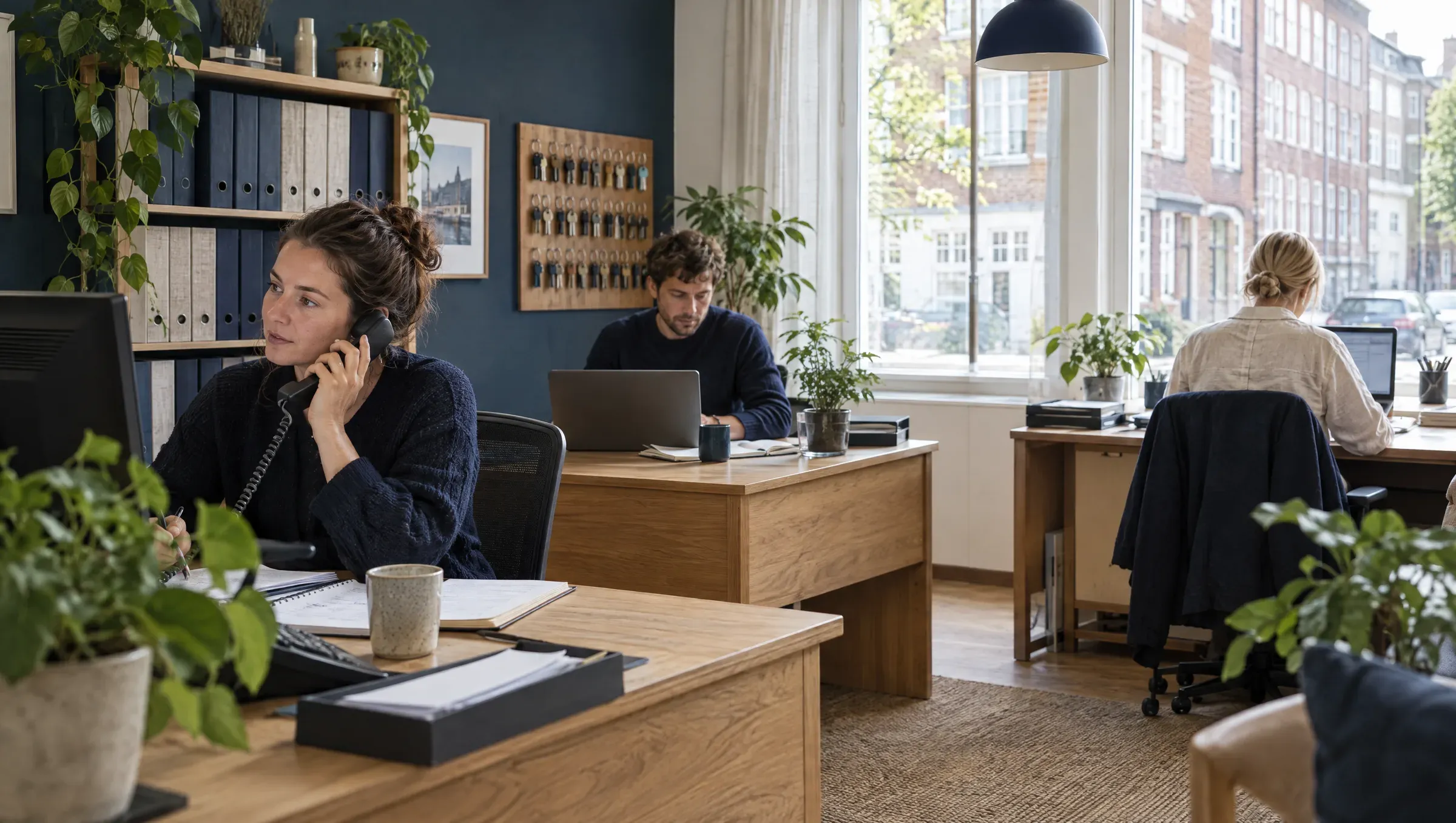 Et lille administrationskontor med tre medarbejdere ved deres skriveborde