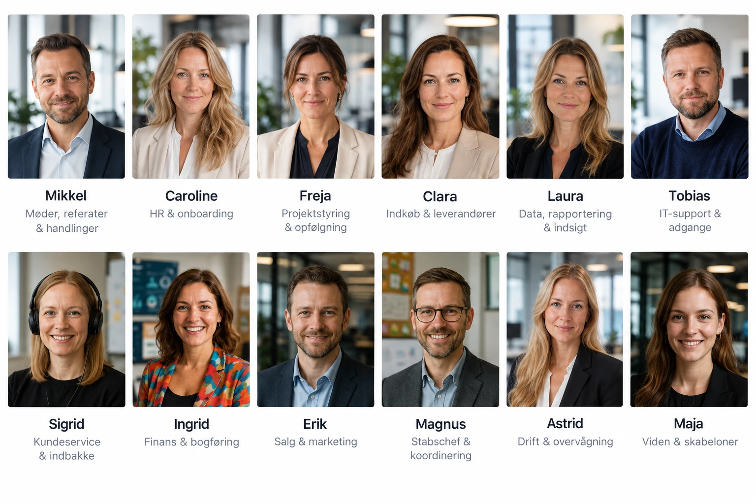 Oversigt over AgentFlows tolv digitale medarbejdere: Mikkel (møder, referater og handlinger), Caroline (HR og onboarding), Freja (projektstyring og opfølgning), Clara (indkøb og leverandører), Laura (data, rapportering og indsigt), Tobias (IT-support og adgange), Sigrid (kundeservice og indbakke), Ingrid (finans og bogføring), Erik (salg og marketing), Magnus (stabschef og koordinering), Astrid (drift og overvågning) og Maja (viden og skabeloner)