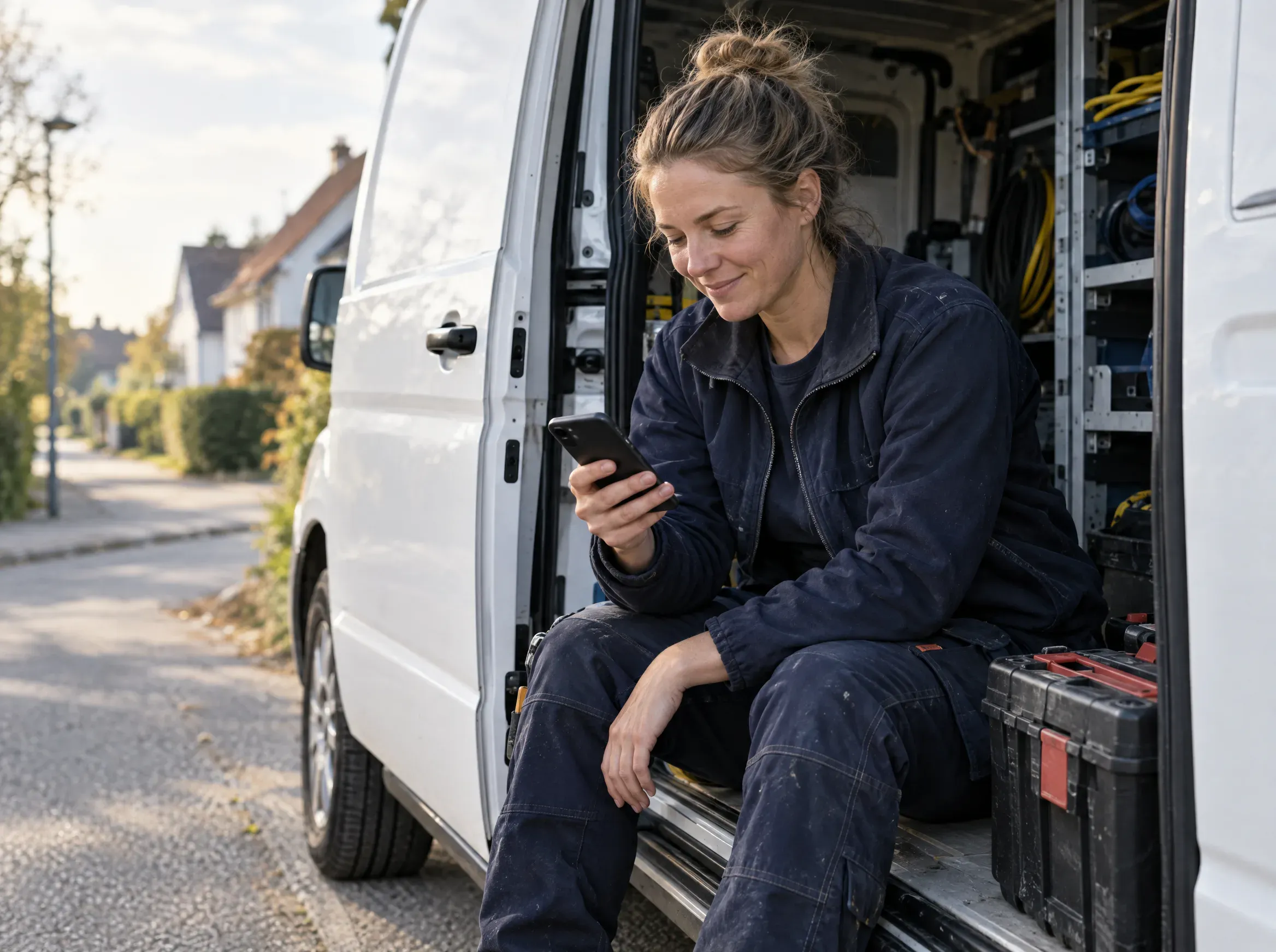 En elektriker sidder i sidedøren på sin varevogn og kigger på telefonen