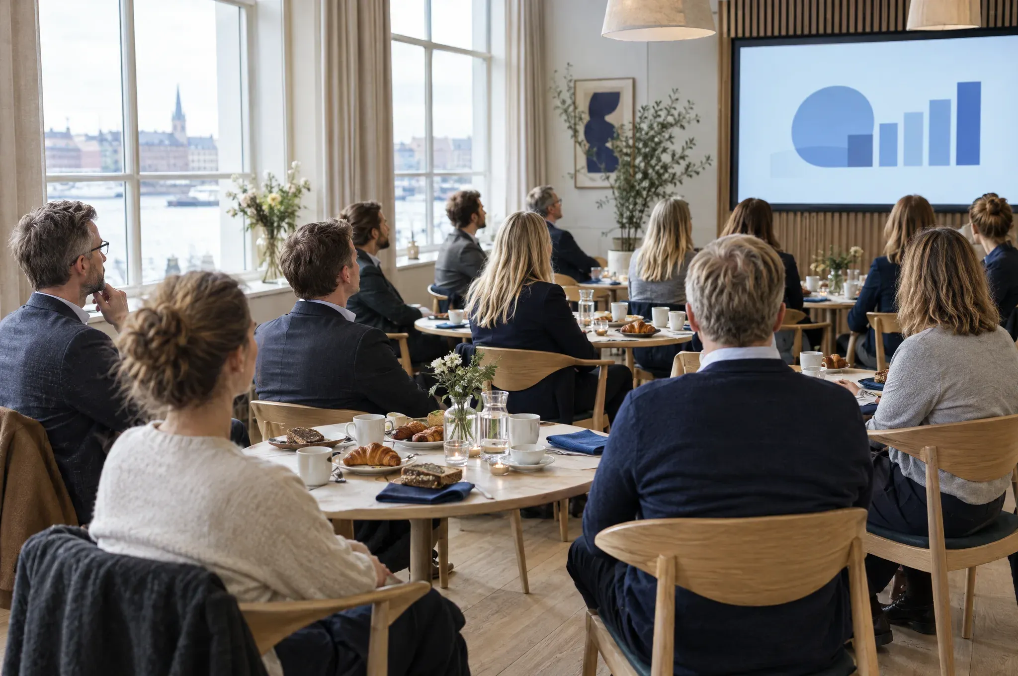 Et morgenmøde i en erhvervsforening, hvor deltagerne sidder ved små borde med kaffe og kigger op mod et lærred