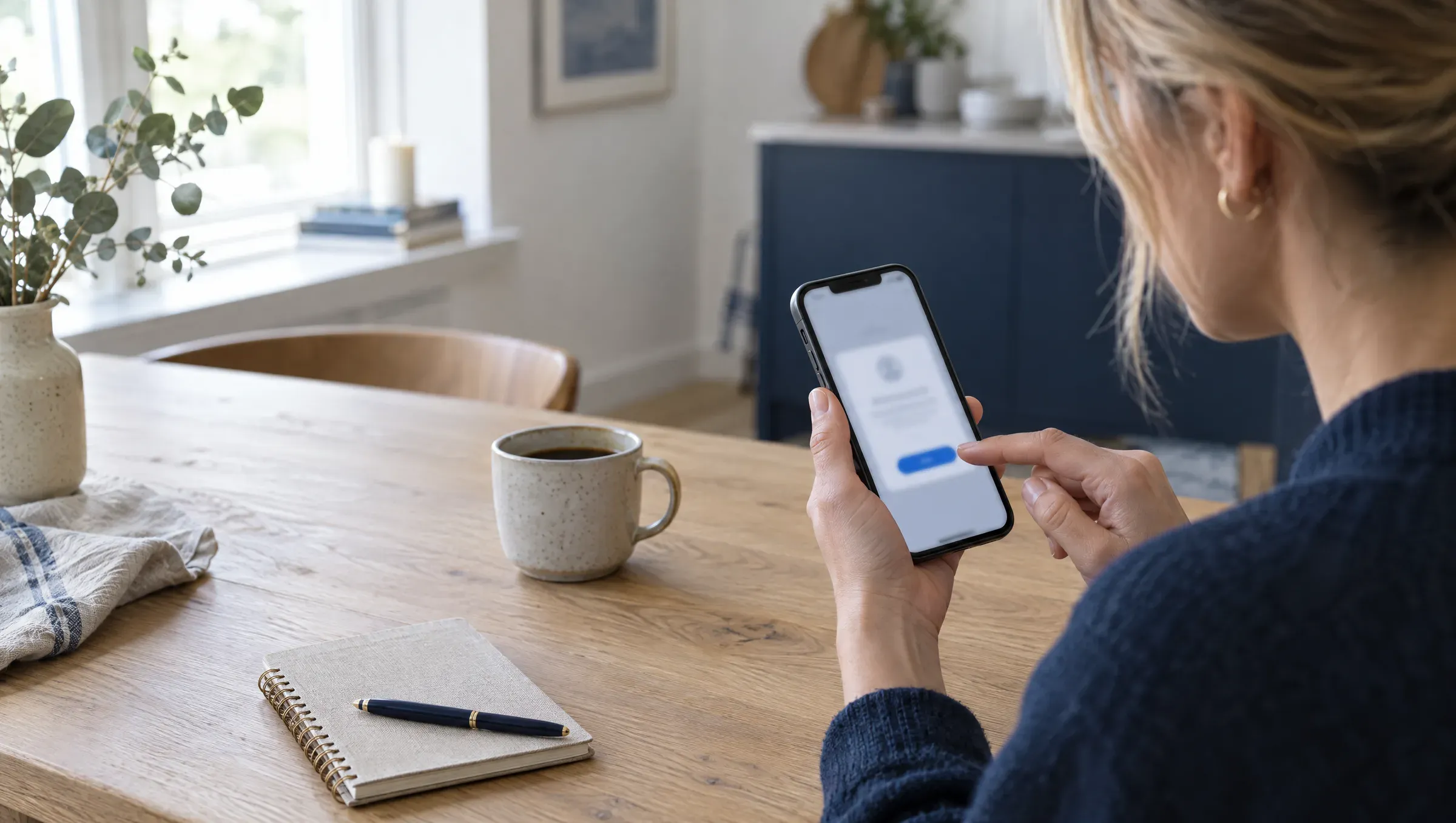 En hånd holder en telefon over et køkkenbord om morgenen, klar til at trykke godkend