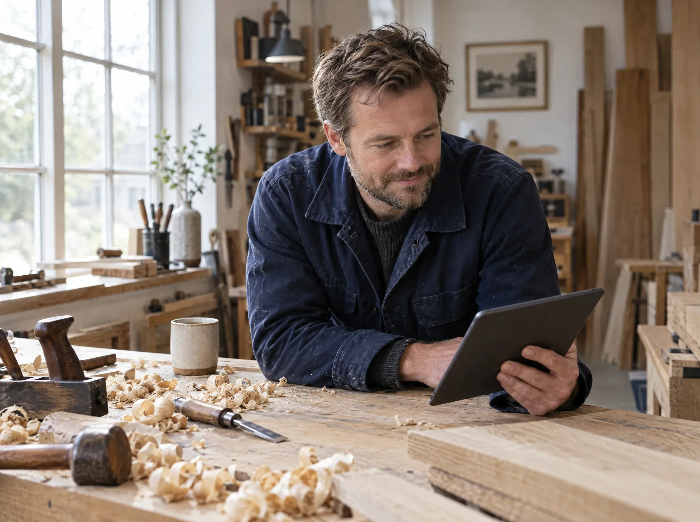 En tømrer i et lyst værksted tjekker en tablet ved sin høvlebænk