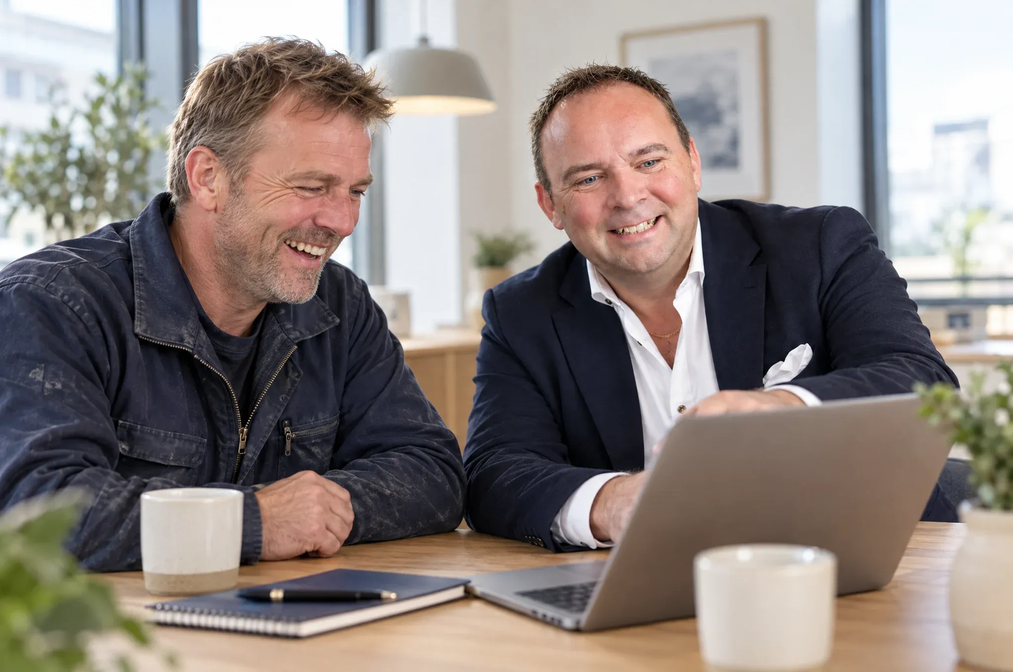 Jesper Nygaard og en håndværker kigger sammen på en bærbar og griner