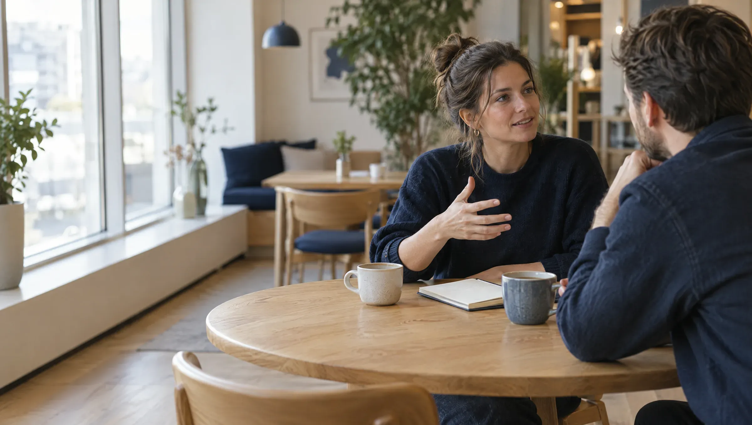 To personer taler sammen over en kop kaffe ved et rundt bord