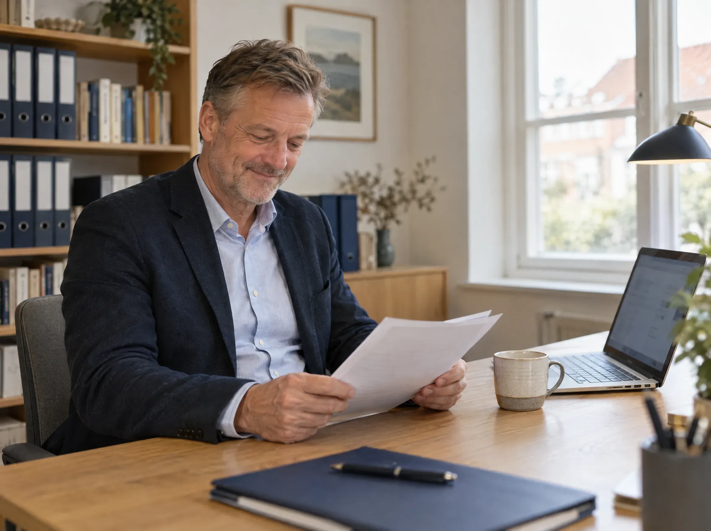En revisor læser papirer ved sit skrivebord i et lyst kontor