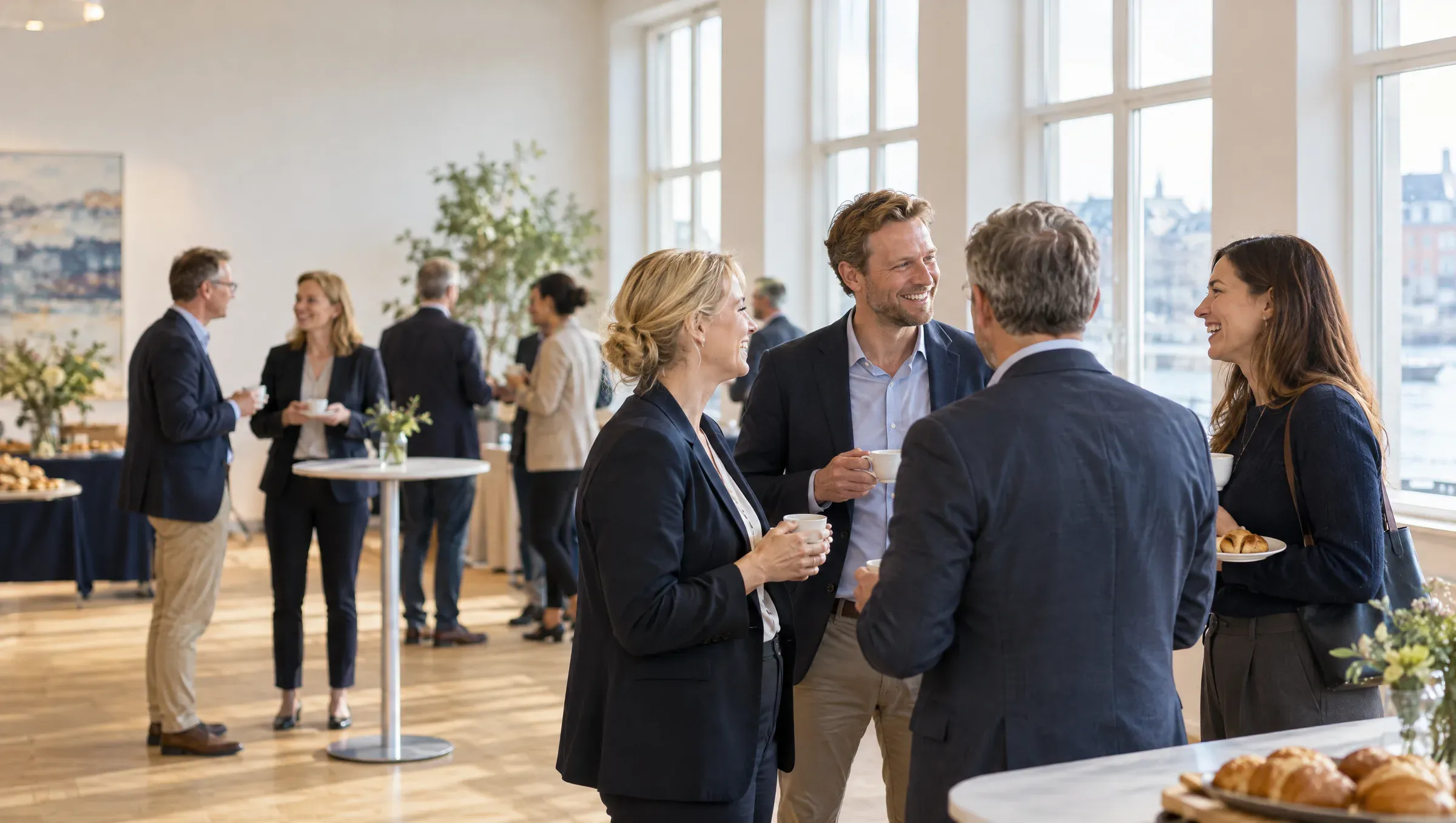 Virksomhedsejere står og snakker med kaffe i hånden efter et morgenmøde