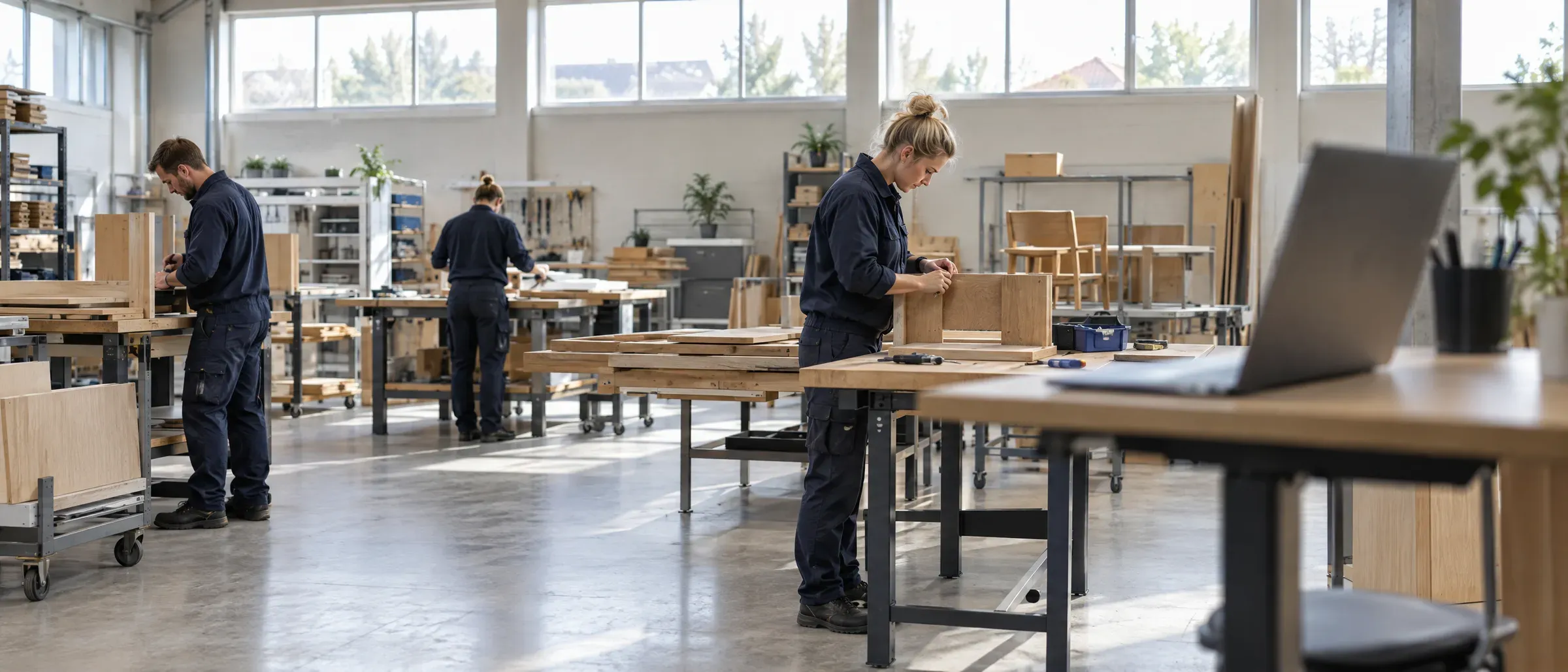 En lys produktionshal, hvor medarbejdere samler møbeldele af træ ved arbejdsborde