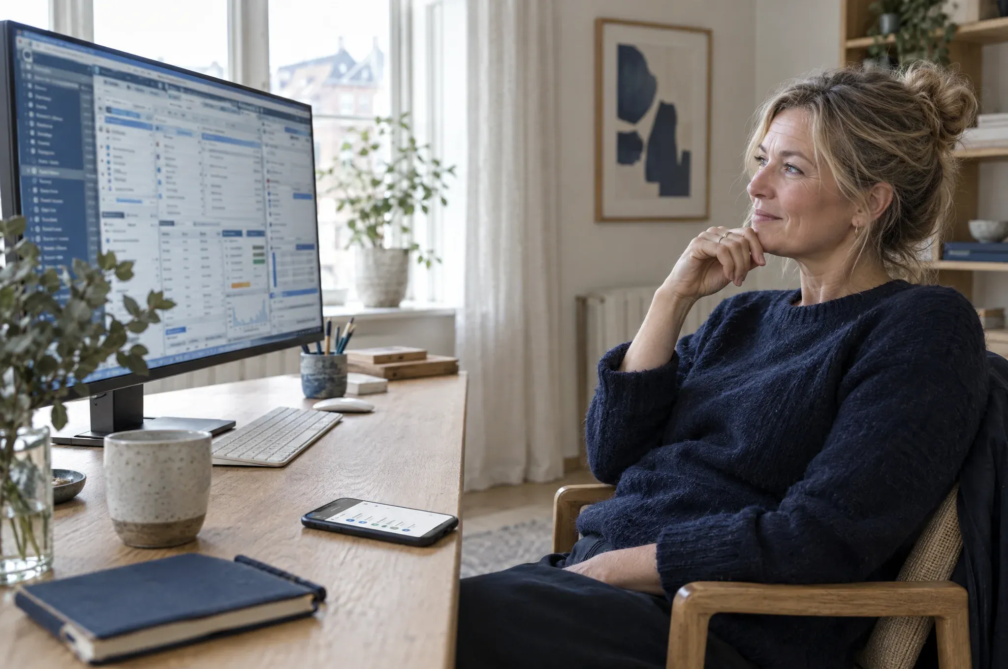 En virksomhedsejer kigger på et stort, uoverskueligt system på skærmen, mens telefonen på bordet viser en enkel liste