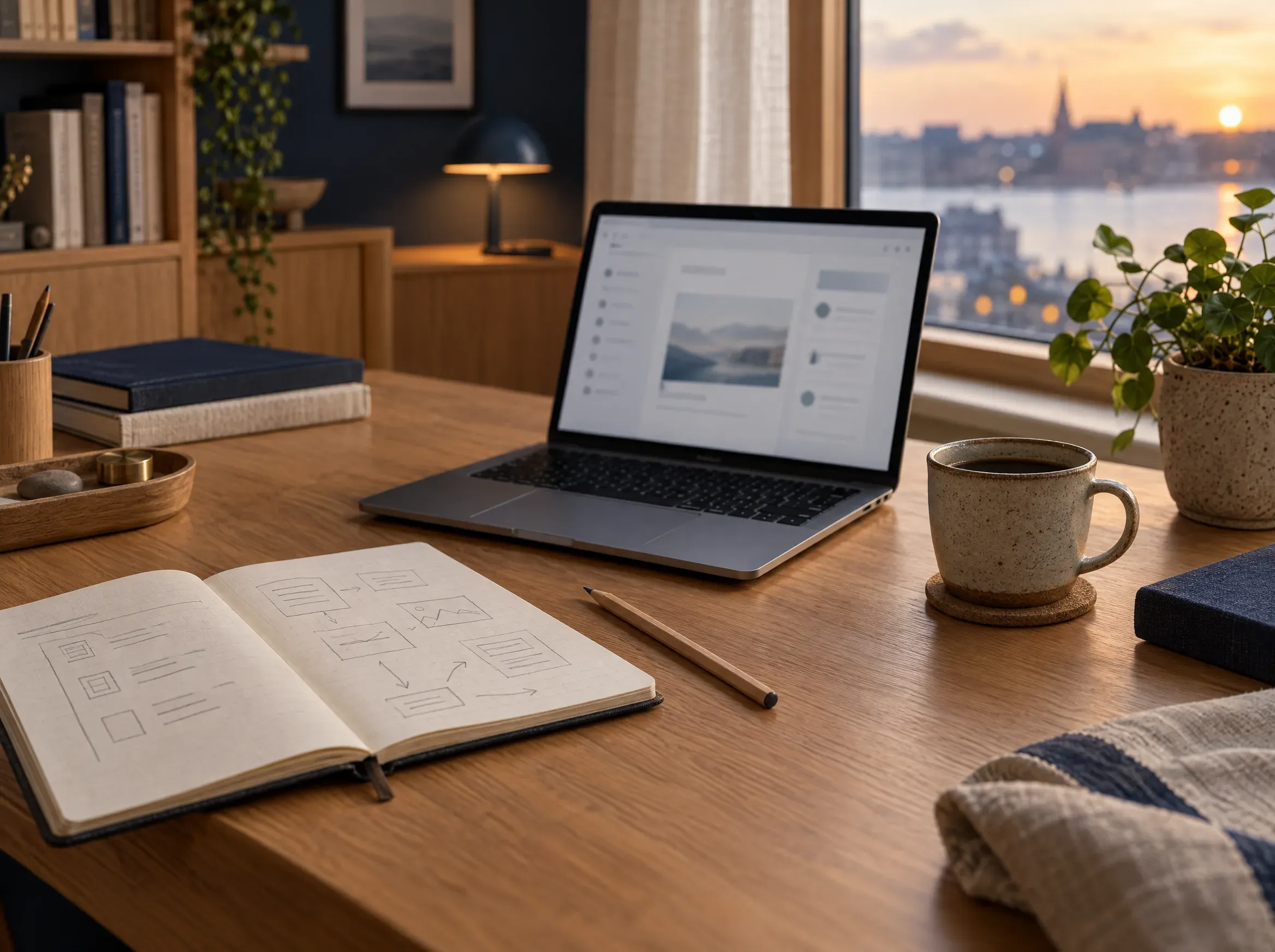 Et skrivebord med en åben bærbar, en notesbog med skitser og en kop kaffe